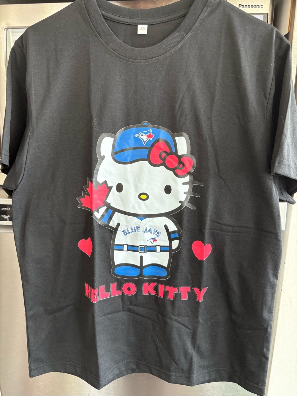 Hello Kitty Black Tee with Blue, Red and White Toronto Blue Jays Graphic